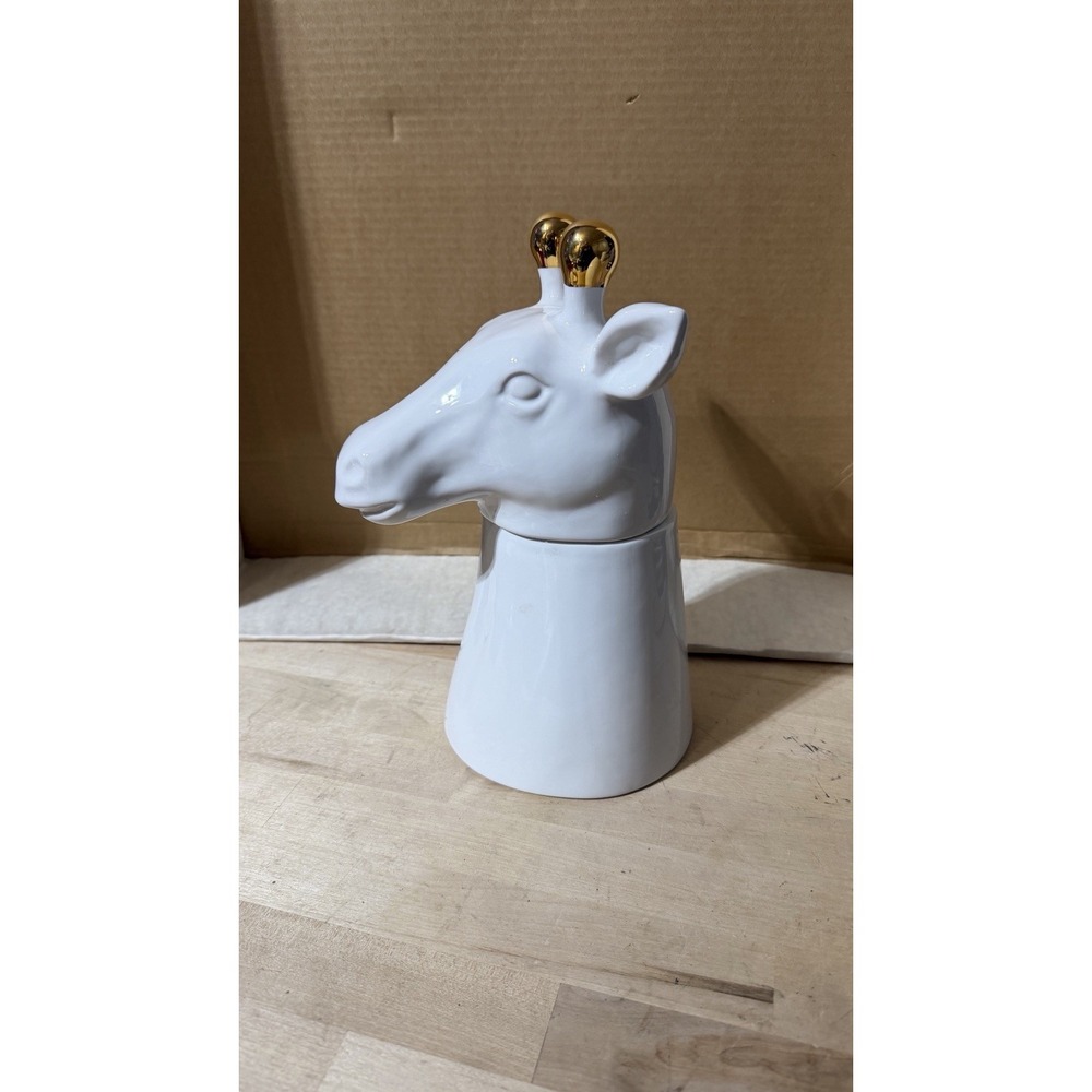 White Ceramic Giraffe Jar with‎ Gold Horns – Decorative Storage Container